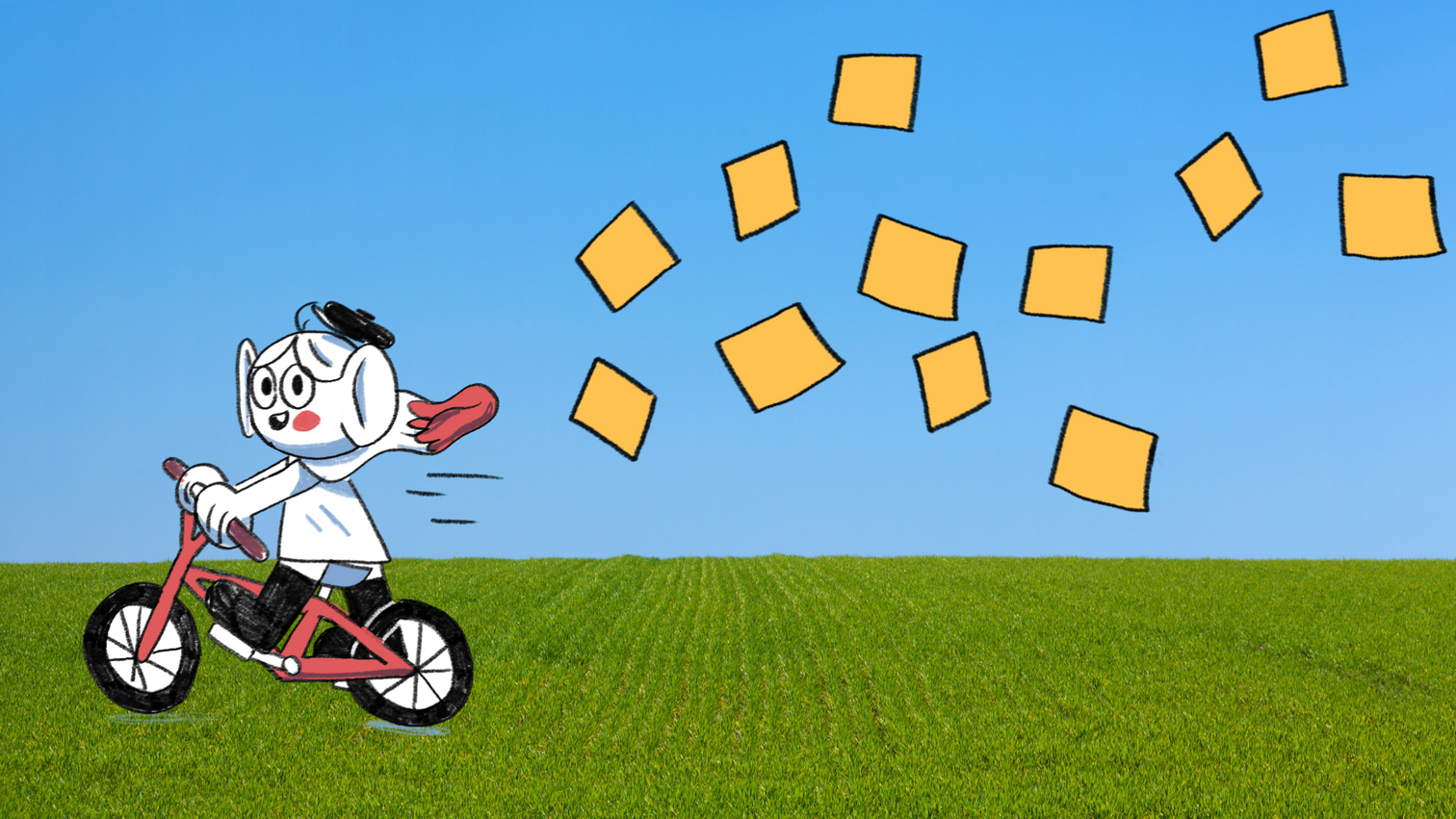 Product design workshop: Pip rides a bicycle across some grass with a trail of sticky notes whirling around in her wake.